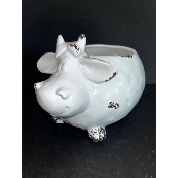 Ceramic Farmhouse Cow Planter Whimsical White w/ Brown Spots Never Used - Picture 1 of 9